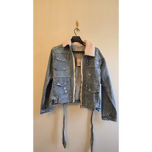 Malibu Bum Denim Jacket Sherpa Collar Tie Waist Utility Blue Medium NWT
